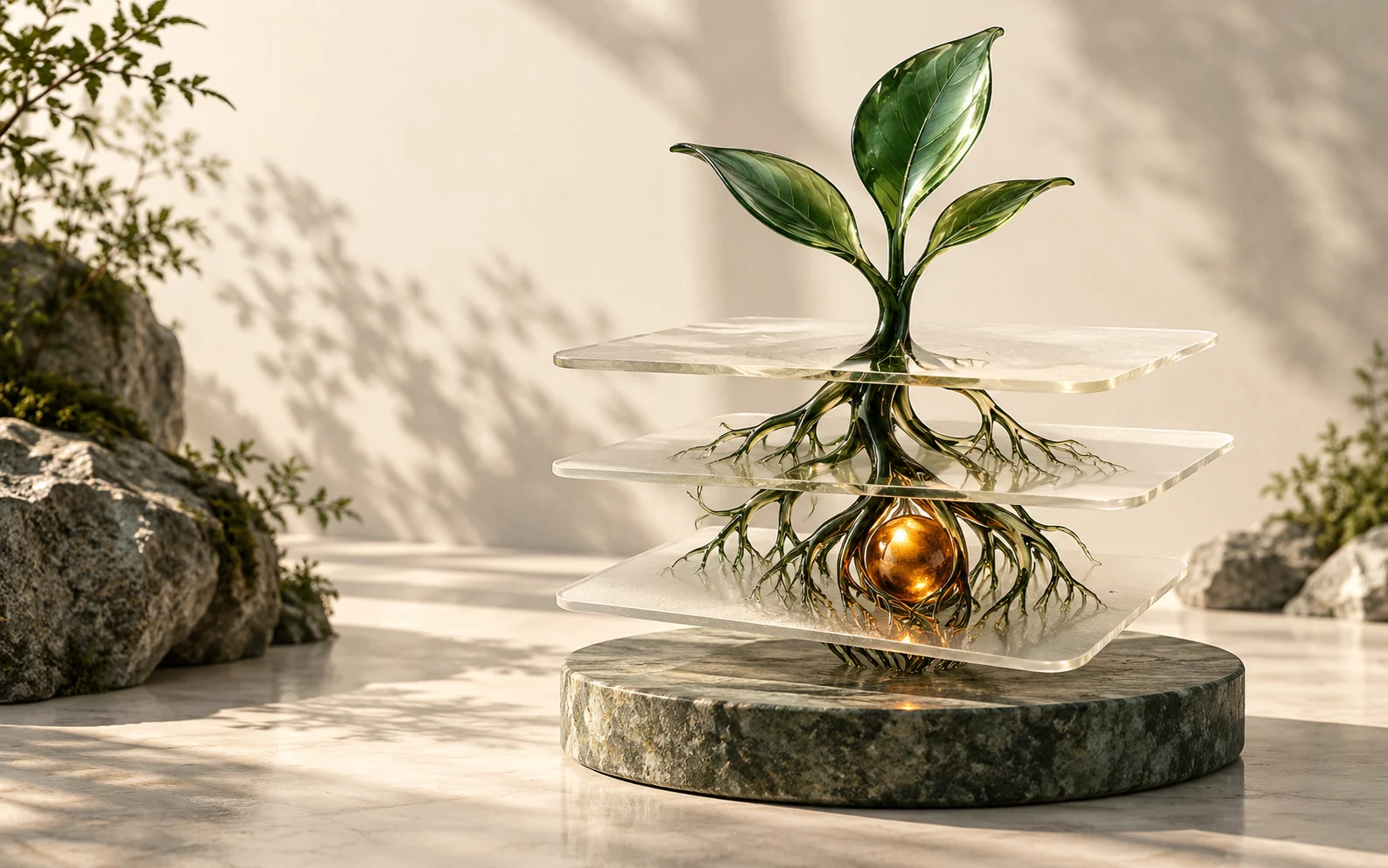 Glass roots and a green sprout growing through layered sheets around a glowing amber seed